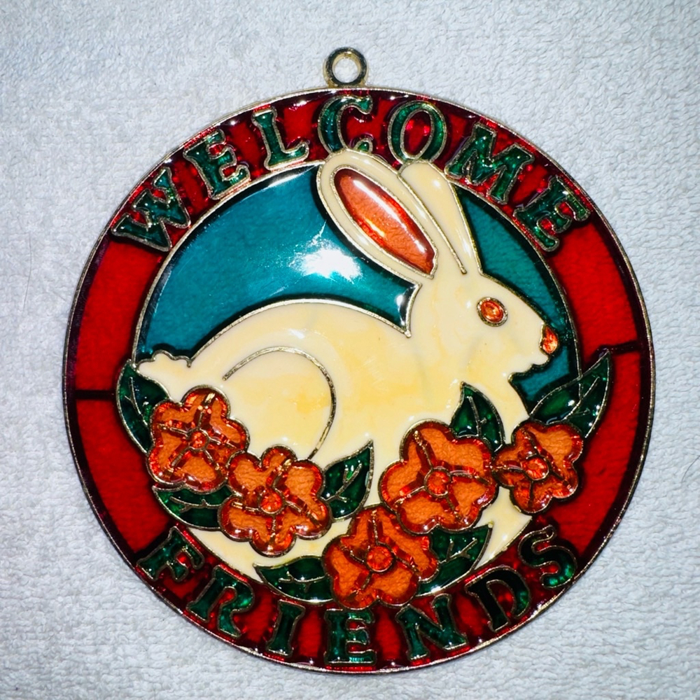 Vintage Suncatcher Bunny Welcome Friends Ornament Stained Glass Acrylic Metal